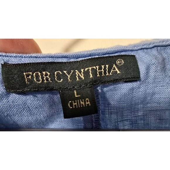 For Cynthia Linen Blouse L Blue Cropped Tie Waste Buttons Ruffles Bell Sleeve - Picture 4 of 12